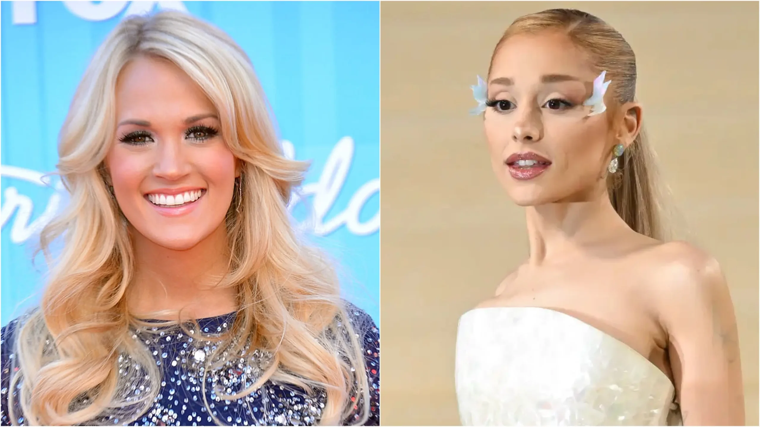 Ariana Grande tampil meliput penampilan acapela Carrie Underwood di pelantikan Donald Trump. (Foto: Alberto E. Rodriguez/Getty Images; James Devaney/GC Images)